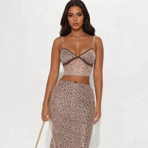 Rya Leopard Mesh Cami And Midi Skirt Set